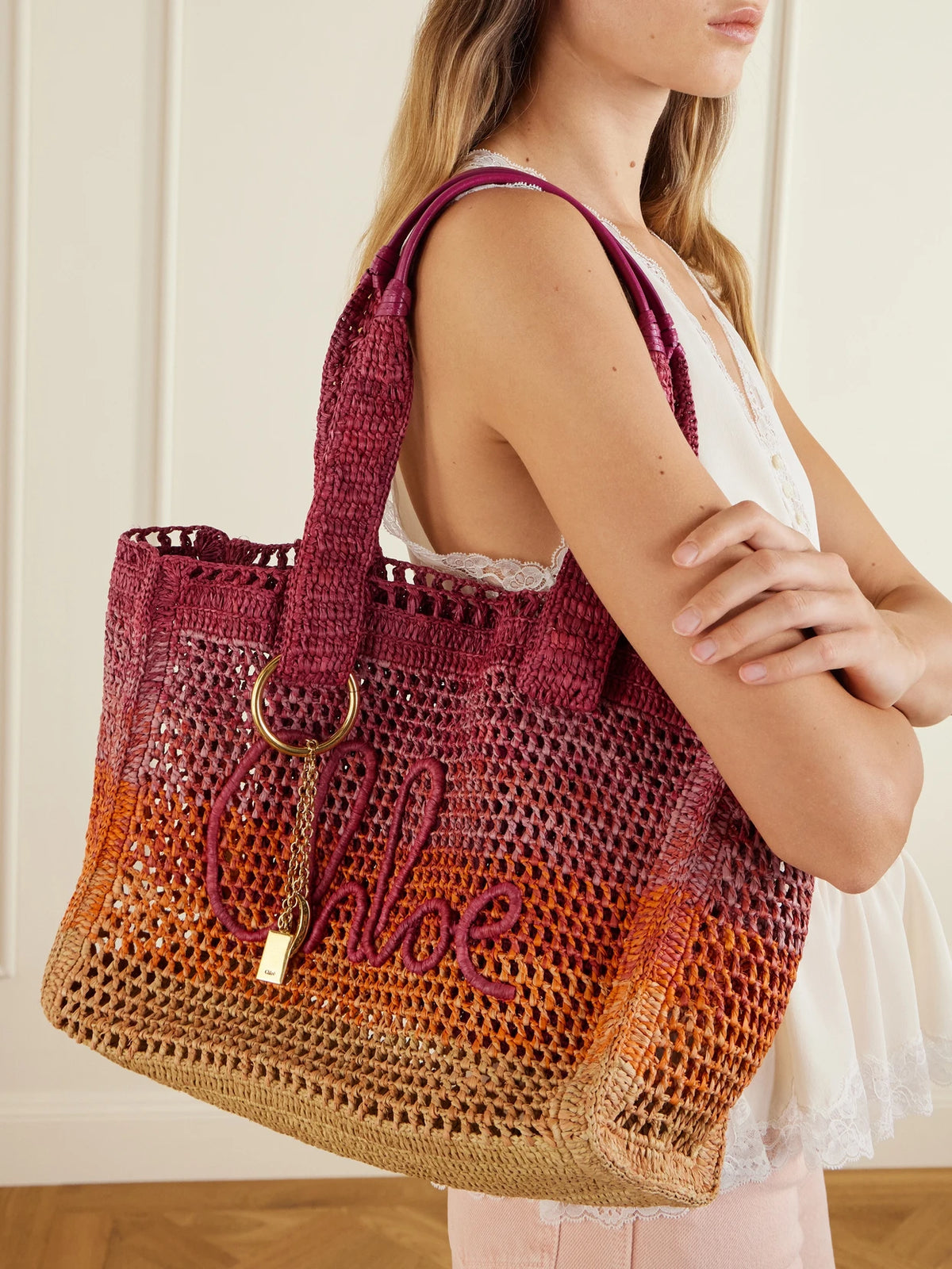 Image of Bags. Product name - Summer Banana Leather-trimmed Dégradé Raffia Tote in Pink colour by brand - Chloé