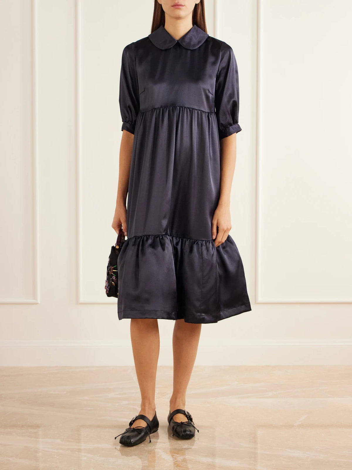 Image of Dresses. Product name - Tiered Satin Midi Dress in Navy colour by brand - Comme des Garçons GIRL