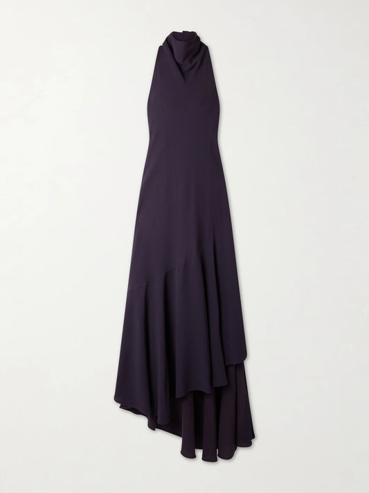Image of Dresses. Product name - Open-back Asymmetric Ribbed Jersey Maxi Dress in Dark purple colour by brand - Alaïa