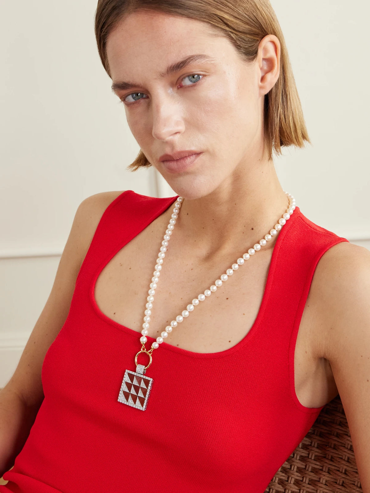 Image of Charms. Product name - Square 18-karat White Gold, Carnelian And Diamond Pendant in Red colour by brand - Ilaria Icardi
