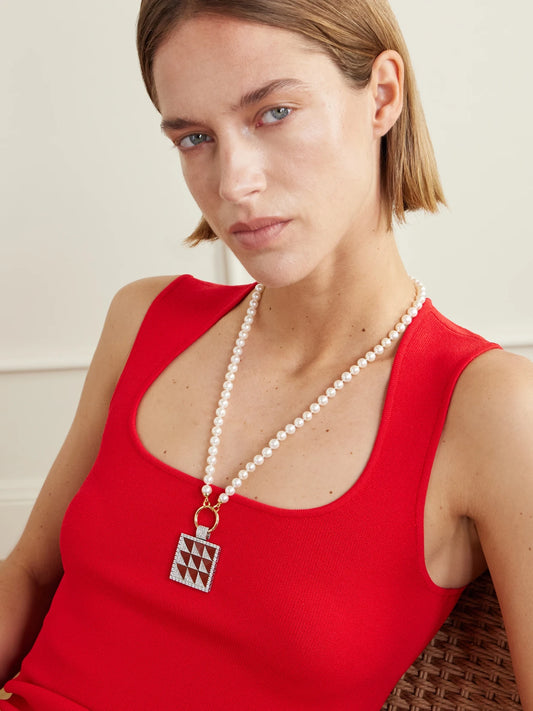 Image of Charms. Product name - Square 18-karat White Gold, Carnelian And Diamond Pendant in Red colour by brand - Ilaria Icardi