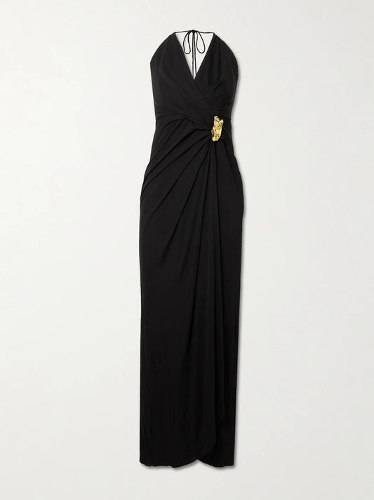 Image of Dresses. Product name - Zaley Draped Embellished Jersey Halterneck Maxi Dress in Black colour by brand - Rebecca Vallance