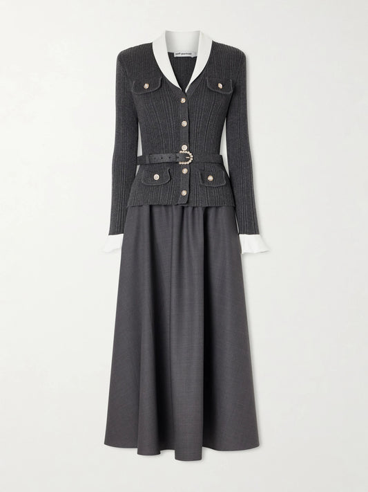Belted Embellished Ribbed-knit And Twill Midi Dress