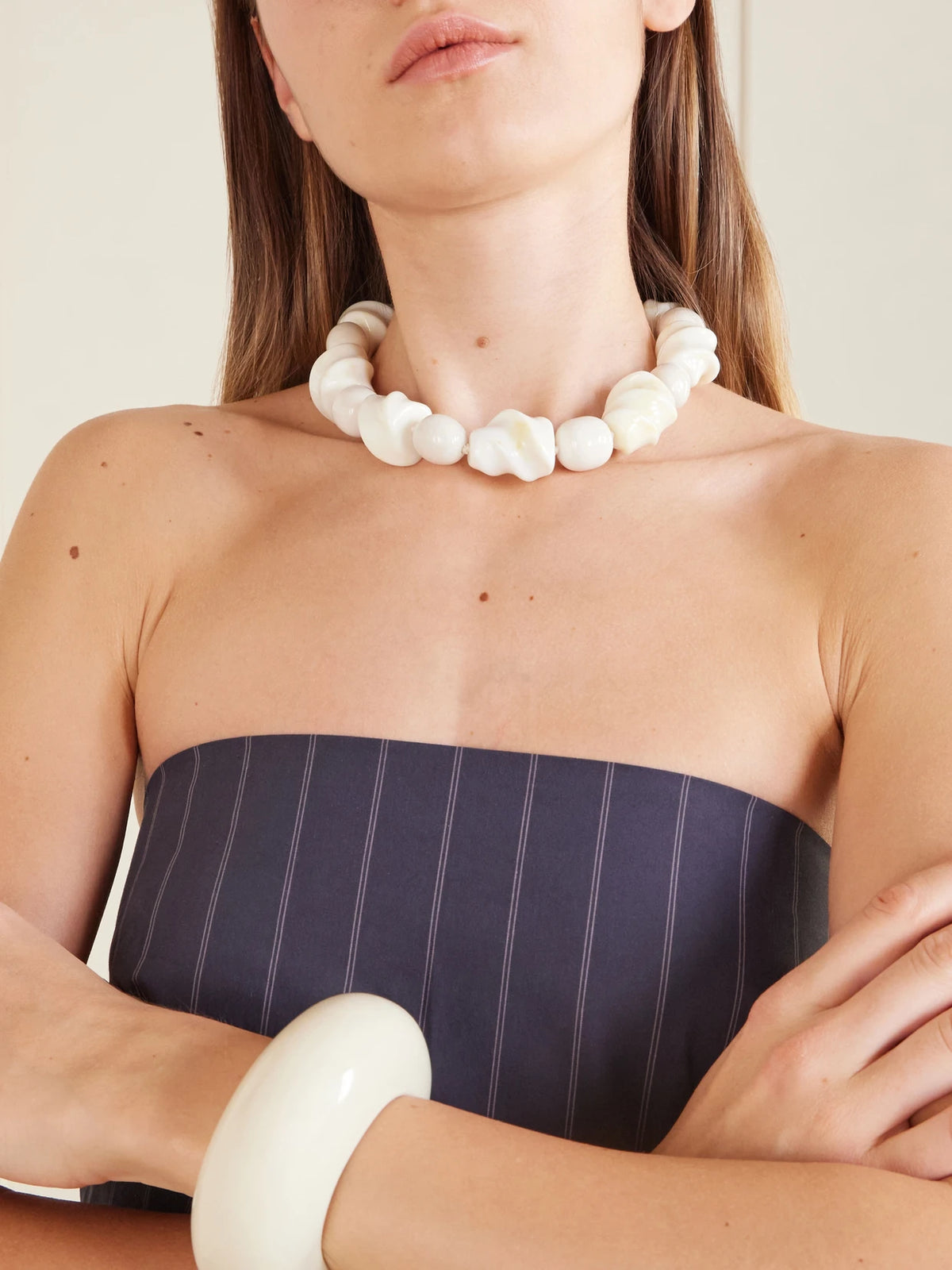 Image of Necklaces. Product name - Salamanca Gold-tone Porcelain Beaded Choker in White colour by brand - Lizzie Fortunato