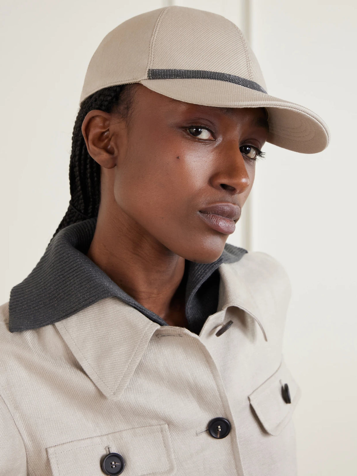 Image of Hats. Product name - Bead-embellished Cotton-blend Twill Baseball Cap in Beige colour by brand - Brunello Cucinelli