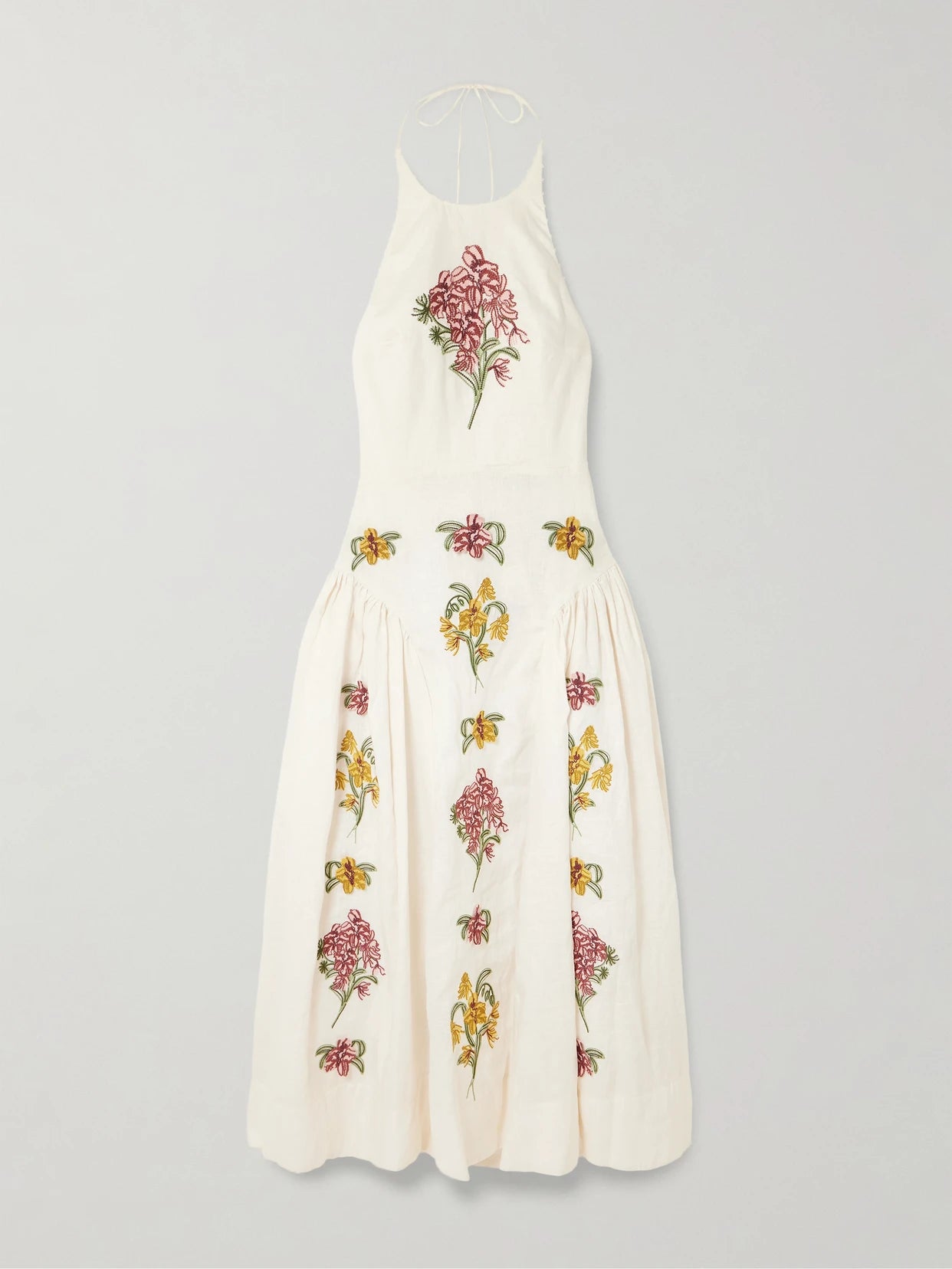Image of Dresses. Product name - Balsa Embellished Embroidered Linen Halterneck Midi Dress in Off-white colour by brand - Agua by Agua Bendita