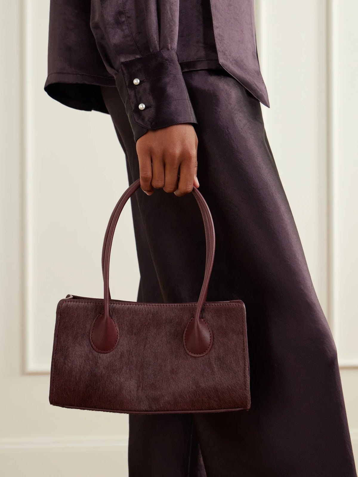 Image of Bags. Product name - The Lou Calf-hair Shoulder Bag in Burgundy colour by brand - LIÉ STUDIO