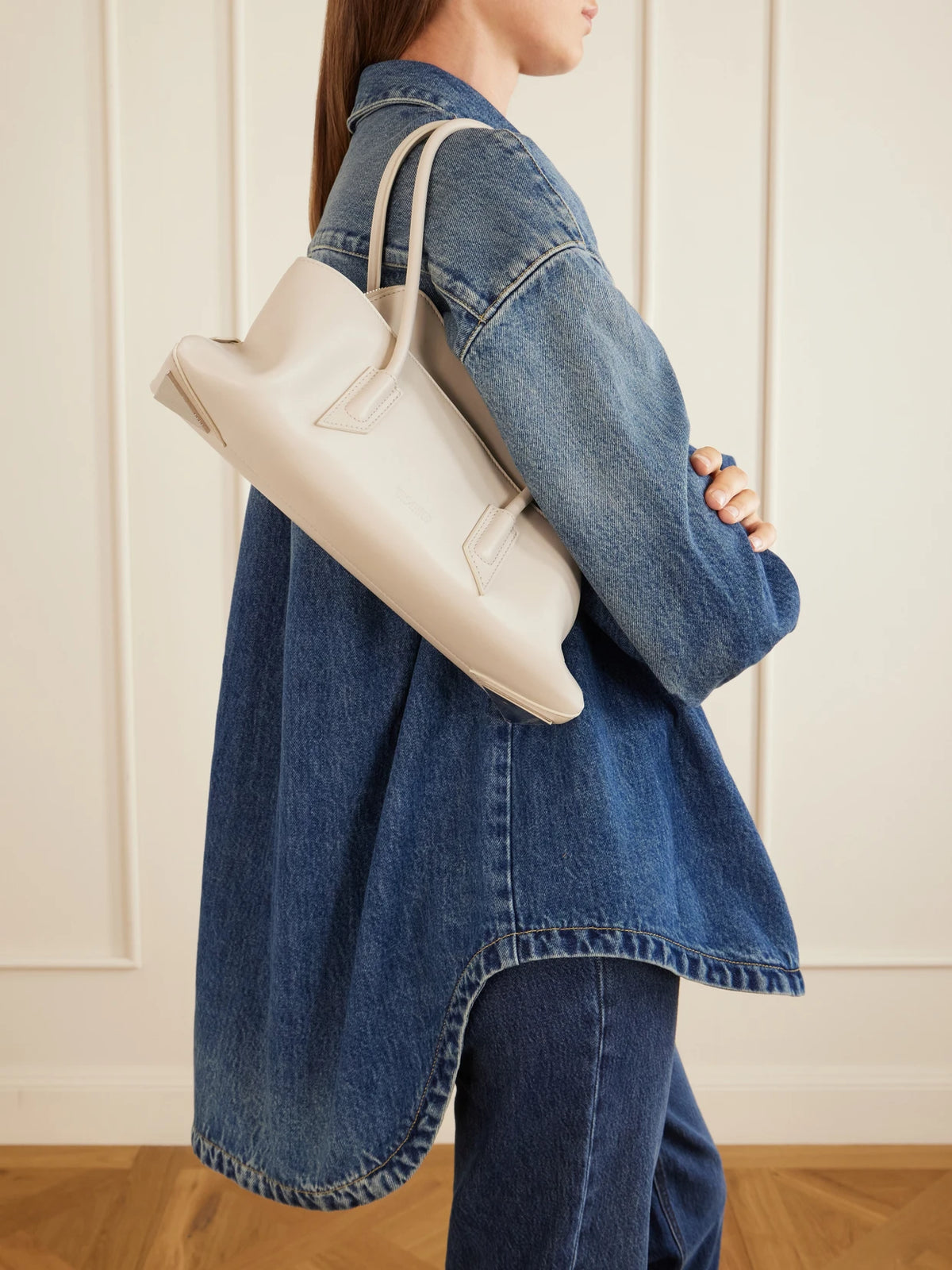 Image of Bags. Product name - La Passegiata Small Asymmetric Leather Shoulder Bag in White colour by brand - The Attico
