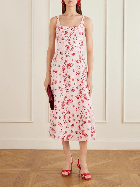 Image of Dresses. Product name - Verena Ruched Floral-print Silk Midi Dress in Baby pink colour by brand - Emilia Wickstead