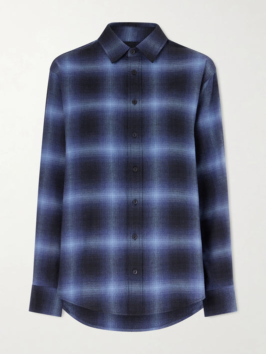 Image of a model wearing Tops. Product name - Checked Cotton-flannel Shirt in Navy colour by brand - Matteau