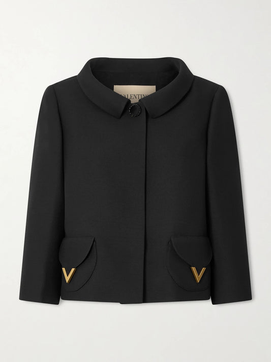 Image of Coats & Jackets. Product name - Button-detailed Embellished Wool And Silk-blend Crepe Jacket in Black colour by brand - Valentino Garavani