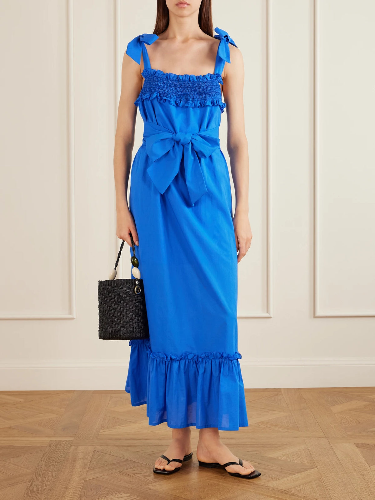 Image of Dresses. Product name - Armida Belted Ruffled Smocked Cotton-poplin Maxi Dress in Blue colour by brand - Loretta Caponi