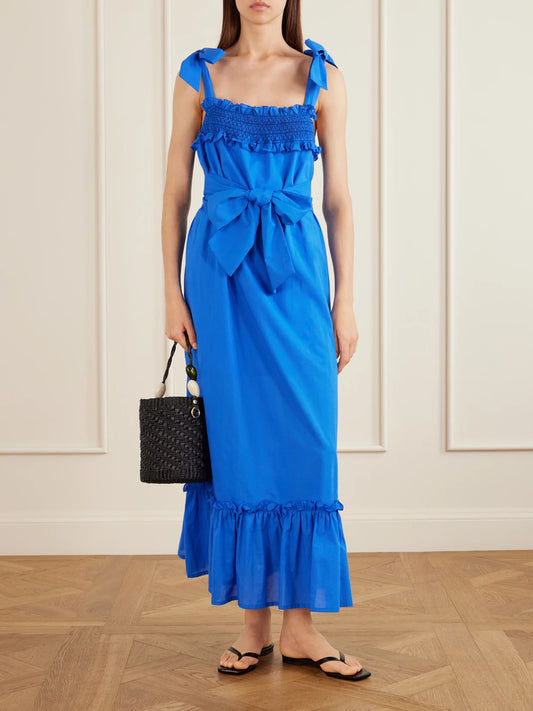 Image of Dresses. Product name - Armida Belted Ruffled Smocked Cotton-poplin Maxi Dress in Blue colour by brand - Loretta Caponi