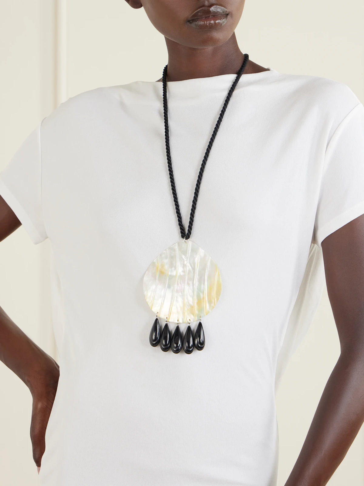 Image of Necklaces. Product name - Iris Rhodium-plated, Shell, Resin And Cord Necklace in Black colour by brand - Julietta
