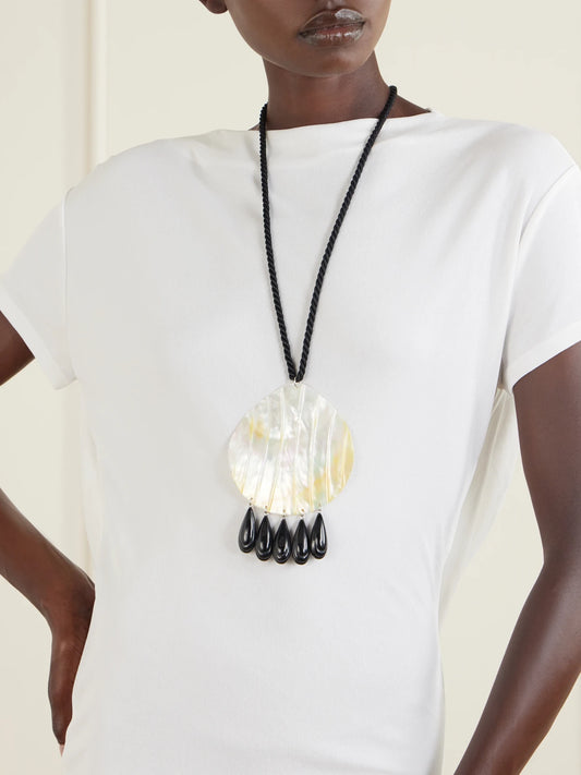 Image of Necklaces. Product name - Iris Rhodium-plated, Shell, Resin And Cord Necklace in Black colour by brand - Julietta