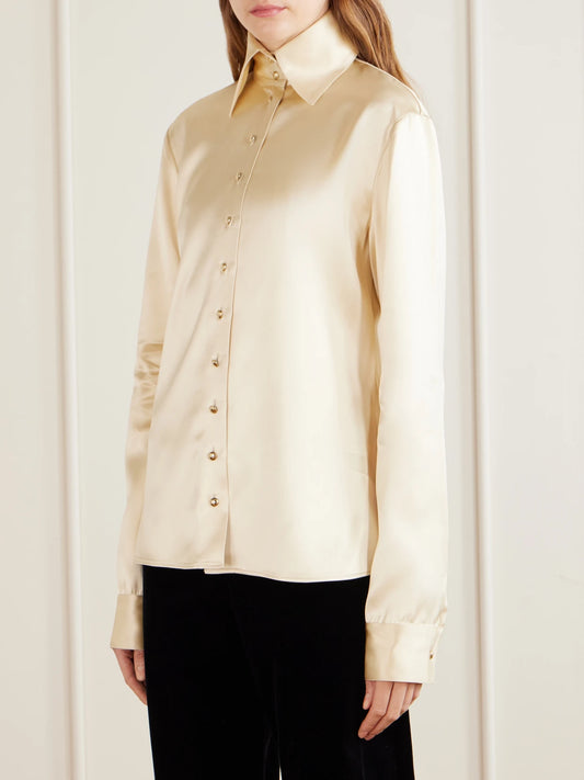 KHAITE Ivy High-collar Satin Shirt