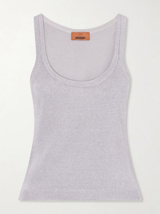 Image of a model wearing Tops. Product name - Metallic Knitted Tank in Silver colour by brand - Missoni
