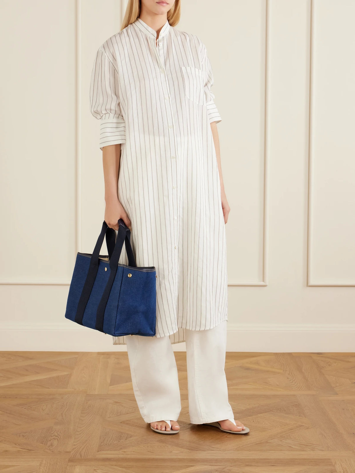 Image of Bags. Product name - Traversée Medium Leather And Webbing-trimmed Denim Tote in Navy colour by brand - RUE de VERNEUIL