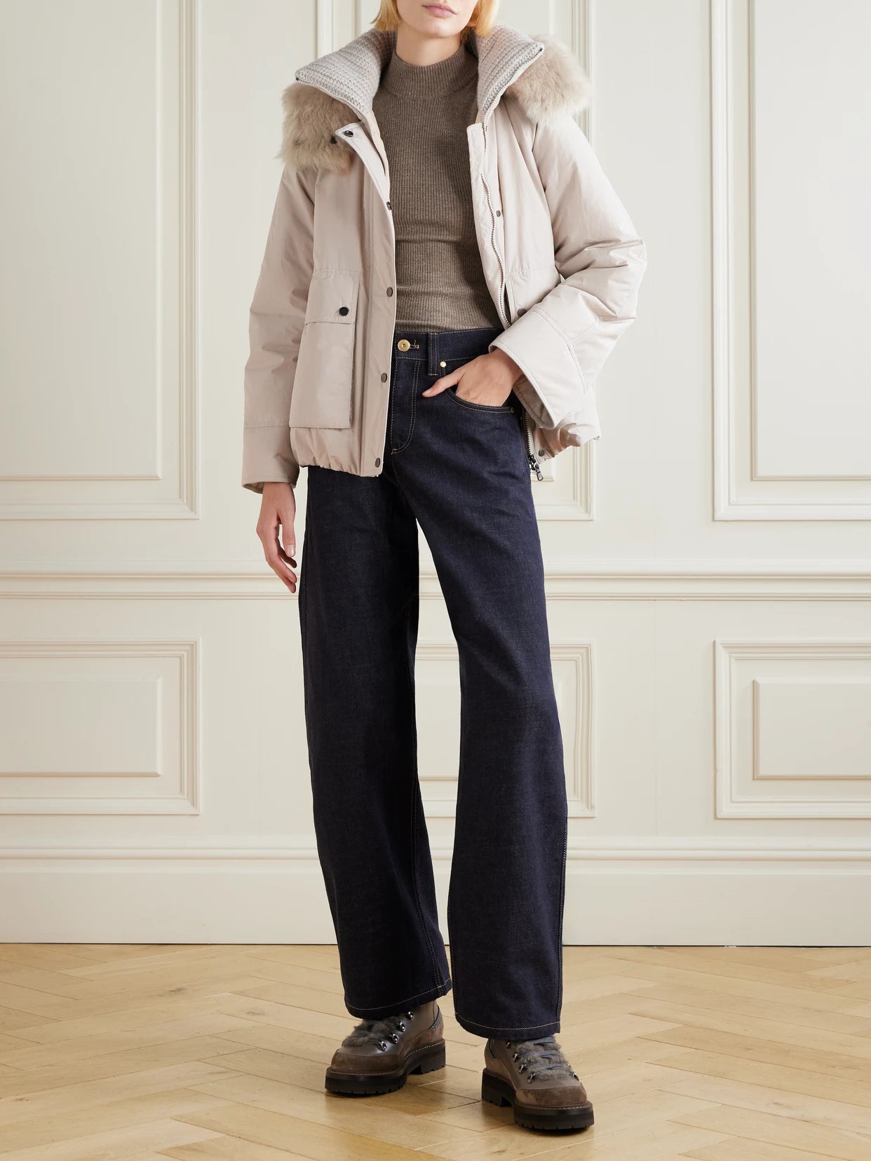 Image of Coats & Jackets. Product name - Hooded Ribbed-knit And Shearling-trimmed Bead-embellished Padded Shell Down Jacket in Light gray colour by brand - Brunello Cucinelli