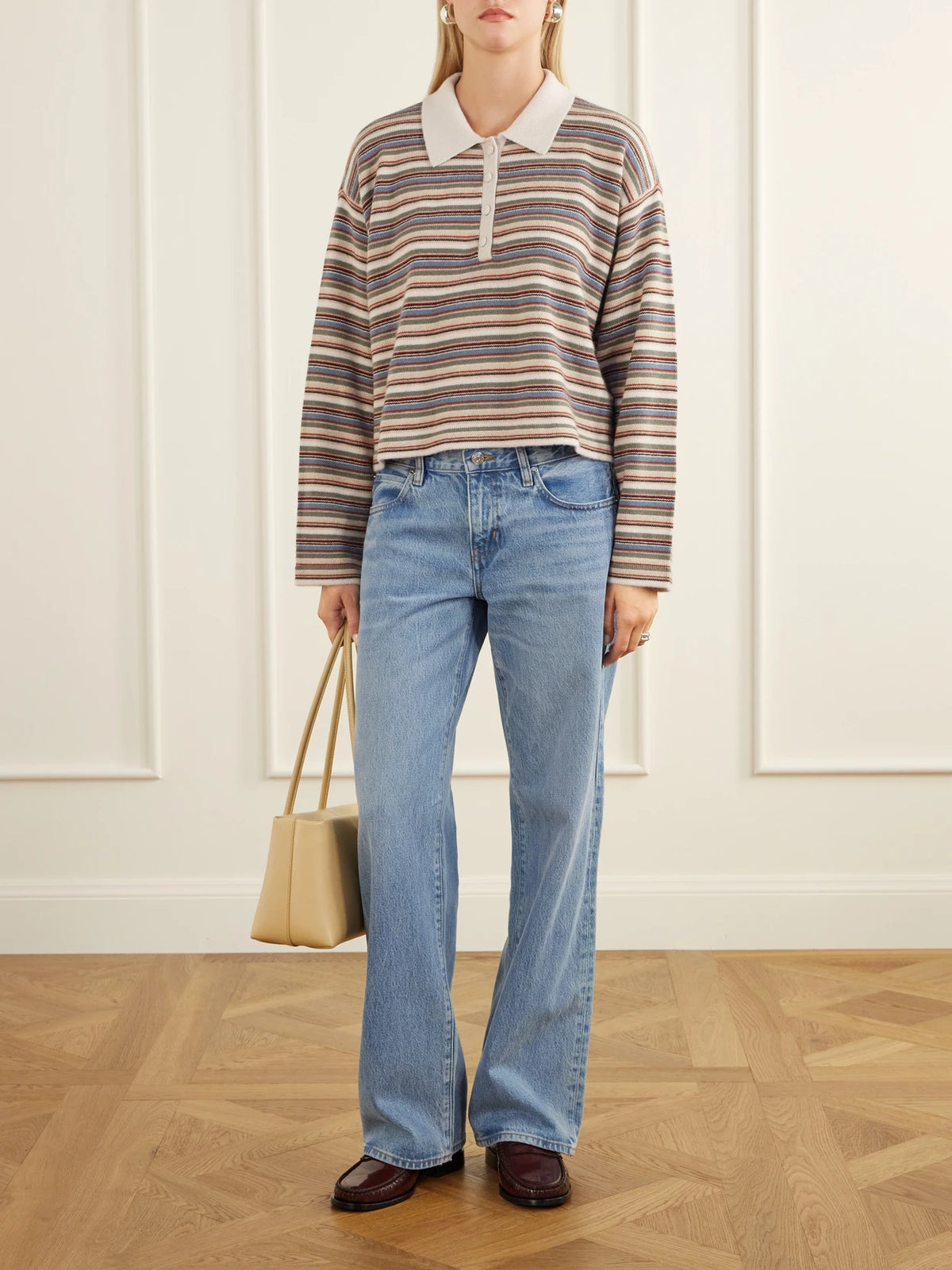 Image of a model wearing Outerwear. Product name - Striped Wool And Cashmere-blend Polo Sweater in Gray colour by brand - FRAME