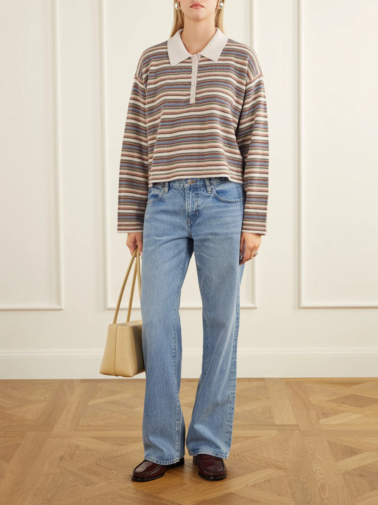 Image of a model wearing Outerwear. Product name - Striped Wool And Cashmere-blend Polo Sweater in Gray colour by brand - FRAME