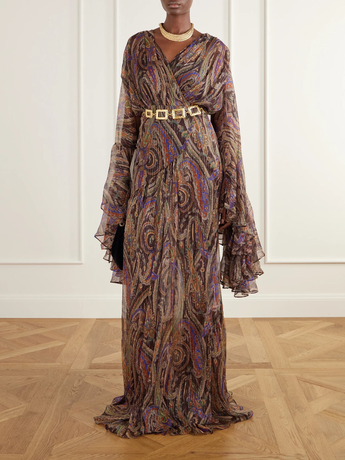 Image of Dresses. Product name - Draped Ruffled Printed Metallic Silk-blend Crepon Maxi Dress in Multi colour by brand - Etro
