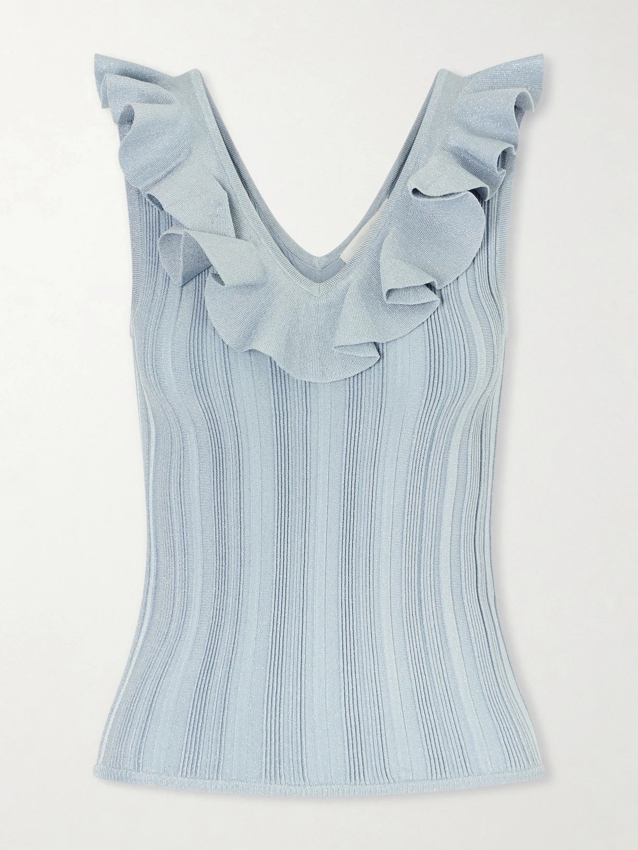 Image of a model wearing Tops. Product name - Aster Metallic Ruffled Top in Blue colour by brand - Zimmermann