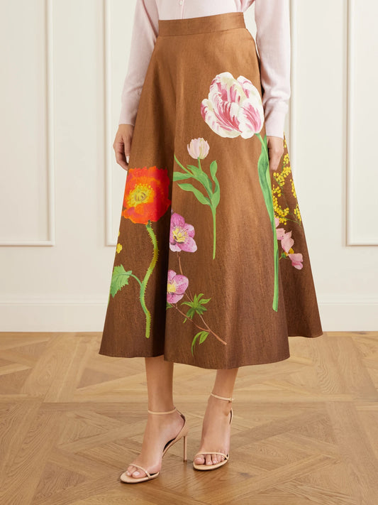 Oscar de la Renta Floral-print Cotton-poplin High-waist Midi Skirt