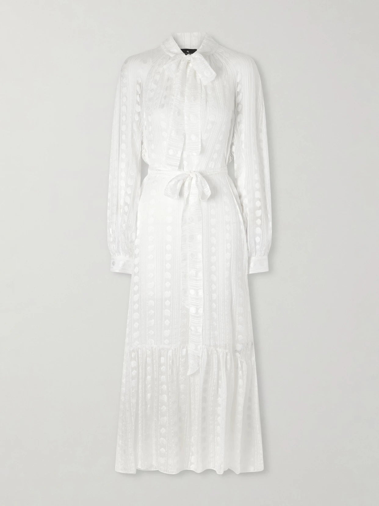 Image of Dresses. Product name - Pussy-bow Belted Tiered Jacquard Silk-chiffon Midi Dress in White colour by brand - Etro
