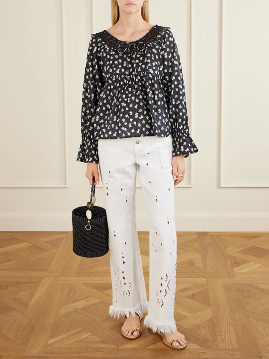 Image of Blouses. Product name - Danielle Floral-print Cotton-voile Blouse in Black colour by brand - Posse