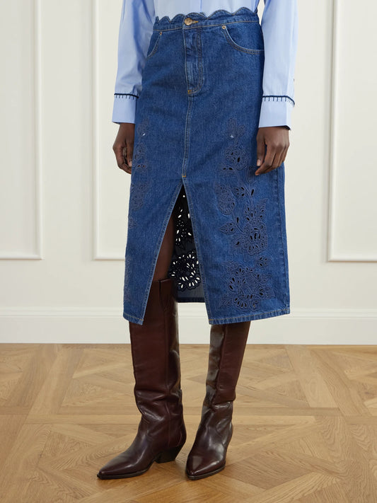 Farm Rio Scalloped Richilieu Denim Midi Skirt
