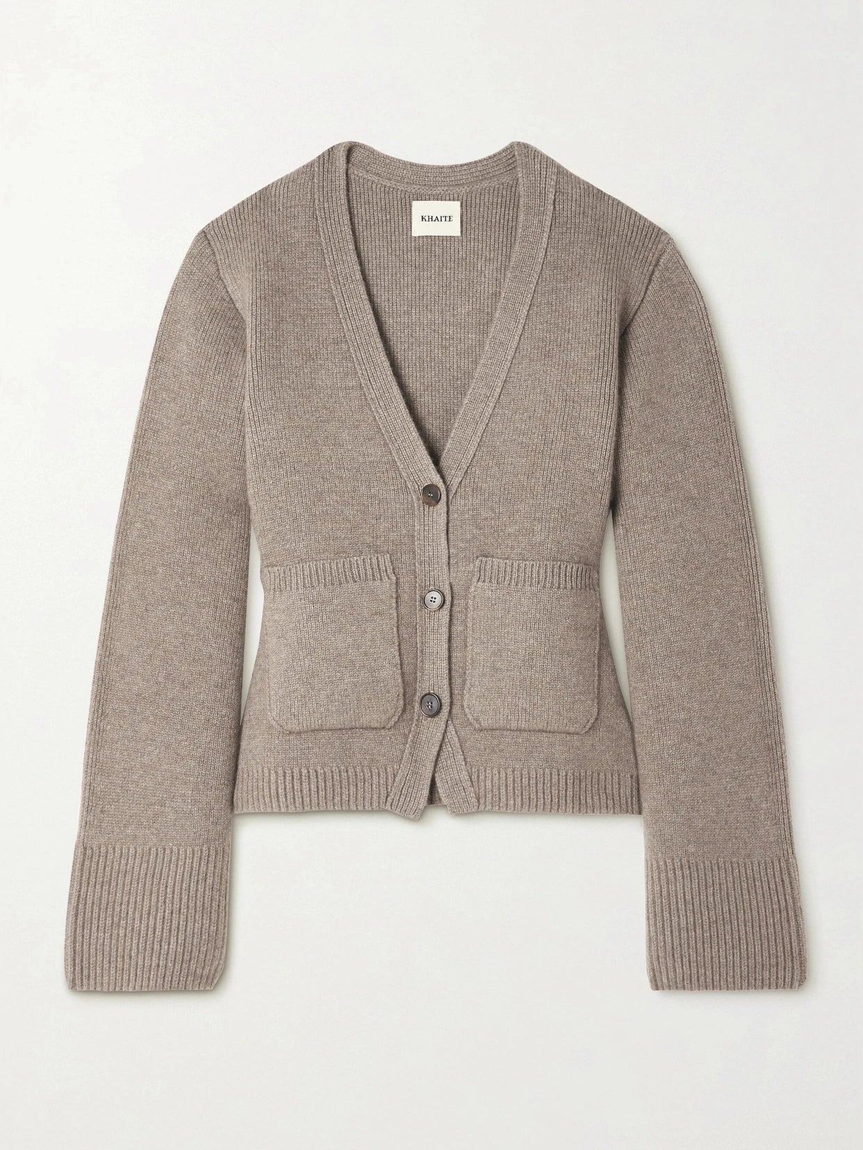 Image of a model wearing Outerwear. Product name - Scarlet Cashmere Cardigan in Brown colour by brand - KHAITE