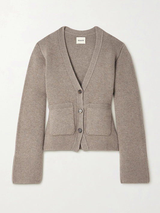 Image of a model wearing Outerwear. Product name - Scarlet Cashmere Cardigan in Brown colour by brand - KHAITE