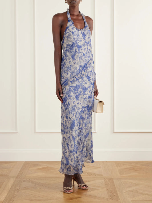 Image of Dresses. Product name - Lilia Open-back Ruffled Floral-print Crepon Halterneck Maxi Dress in Blue colour by brand - SIR.