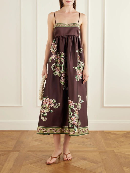 Image of Dresses. Product name - Josie Gathered Floral-print Twill Midi Dress in Brown colour by brand - ALÉMAIS
