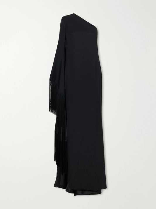 Taller Marmo Viper One-shoulder Fringed Crepe Gown