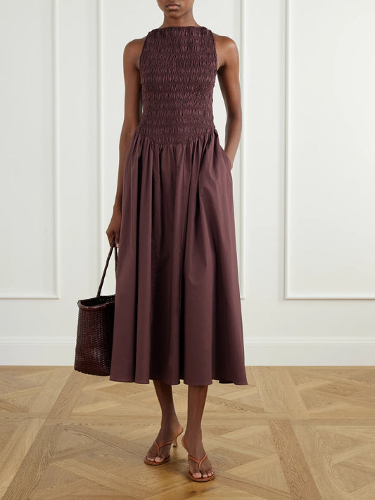 Image of Dresses. Product name - Lucia Shirred Gathered Cotton-poplin Midi Dress in Brown colour by brand - Faithfull