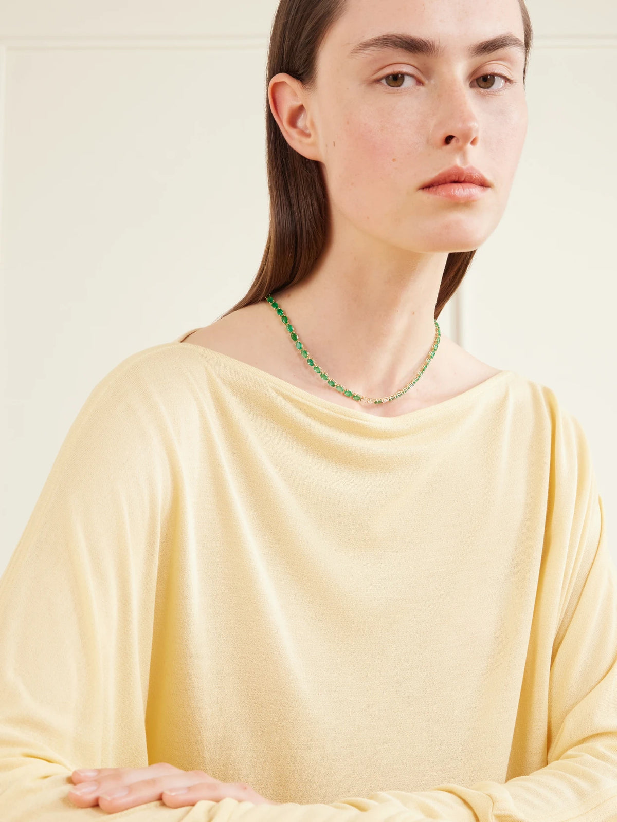 Image of Necklaces. Product name - 18-karat Gold Emerald And Diamond Tennis Necklace in Green colour by brand - SHAY