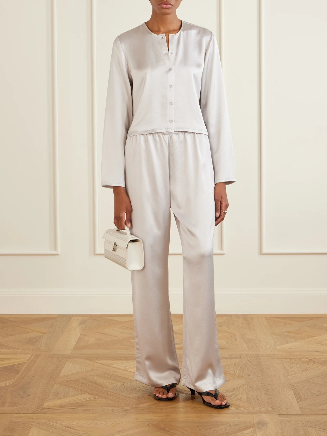 Image of Cardigans. Product name - Barb Cropped Satin Cardigan in Silver colour by brand - LESET