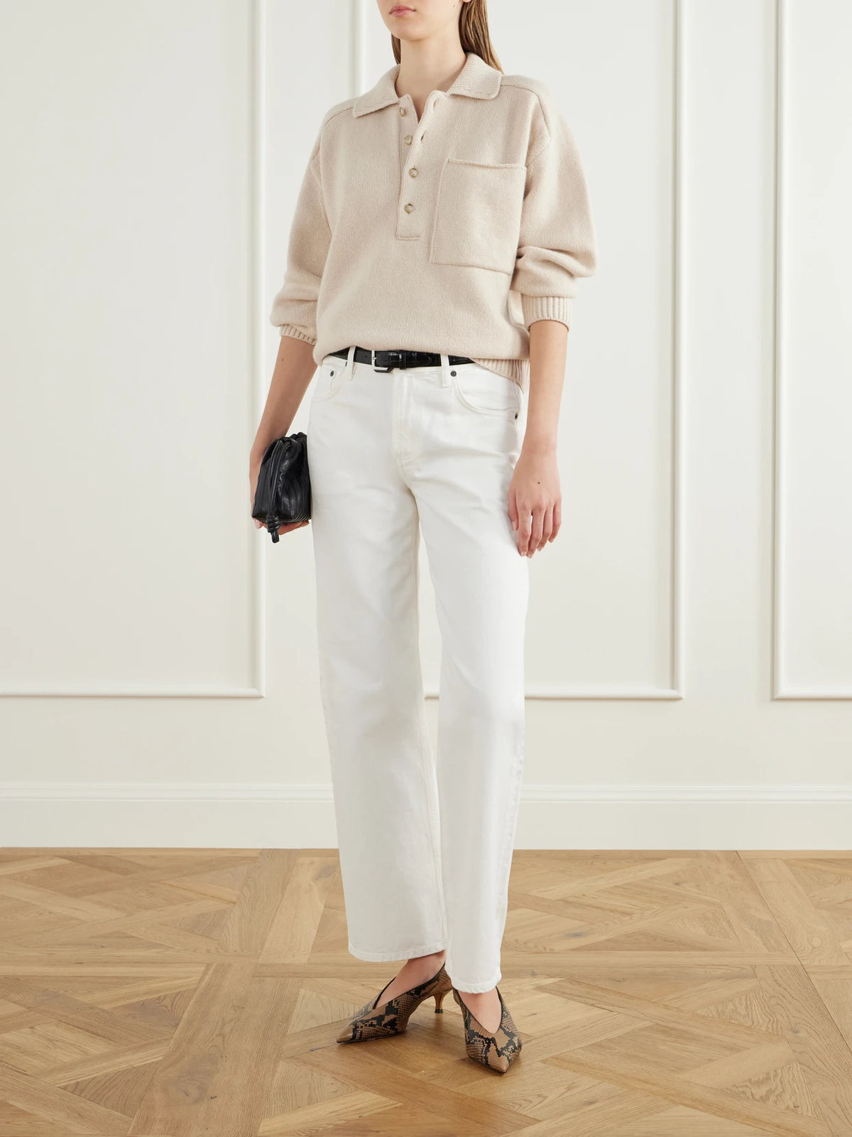Image of a model wearing Outerwear. Product name - Agatha Wool And Cashmere-blend Polo Sweater in Cream colour by brand - Citizens of Humanity
