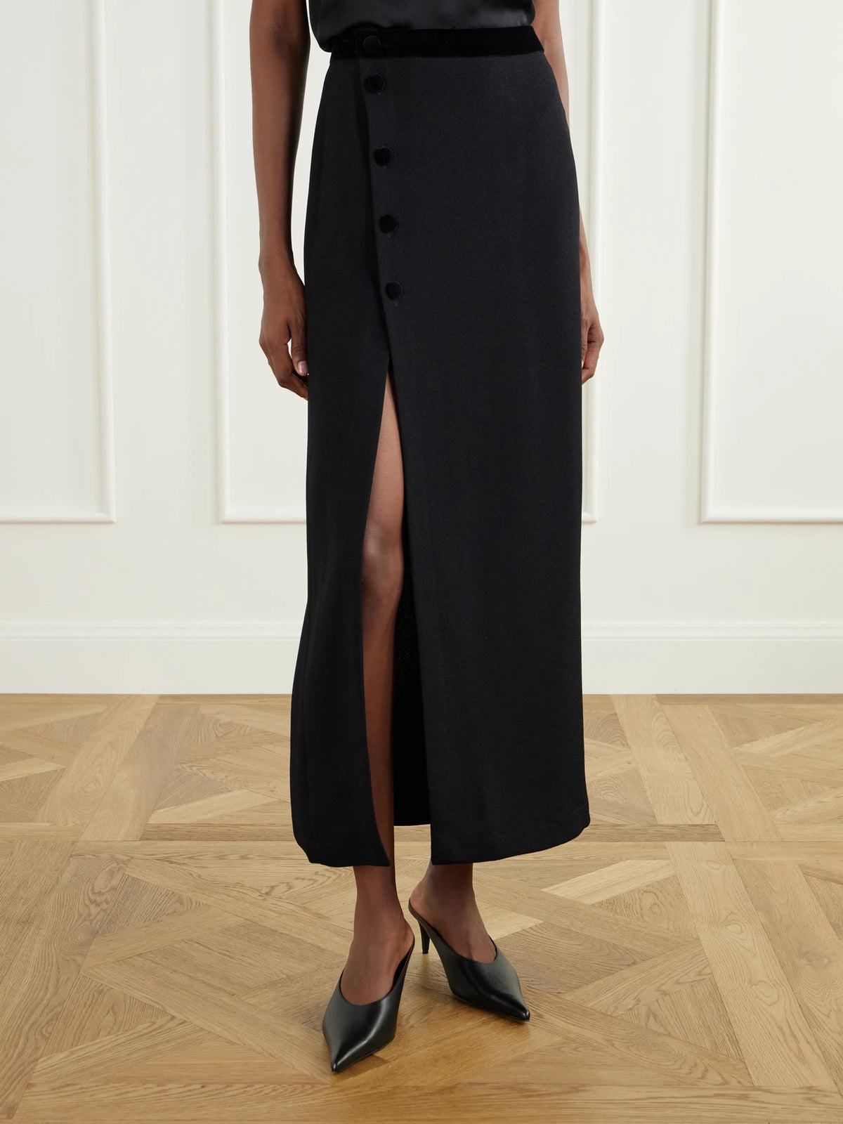 BLAZÉ Milano Ara Velvet-trimmed Crepe Midi Skirt