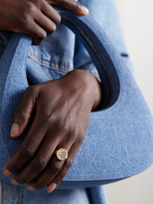Image of Rings. Product name - Oval Fishnet 14-karat Diamond Signet Ring in Gold colour by brand - Sydney Evan