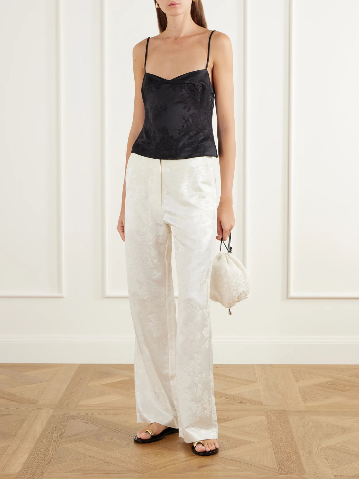 Image of Outfit Sets. Product name - Wool And Silk-blend Floral-jacquard Cloqué Cami in Black, Cream colour by brand - ST. AGNI