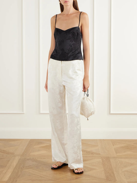 Image of Outfit Sets. Product name - Wool And Silk-blend Floral-jacquard Cloqué Cami in Black, Cream colour by brand - ST. AGNI