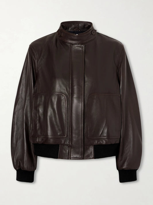 Image of Coats & Jackets. Product name - Rios Ribbed Leather Bomber Jacket in Dark brown colour by brand - Nour Hammour