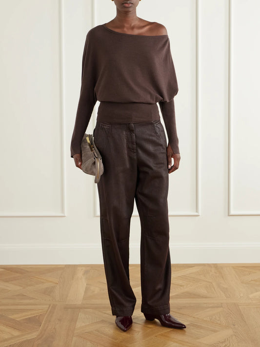 Image of a model wearing Outerwear. Product name - Lavina Off-the-shoulder Ribbed-detailed Wool-blend Sweater in Chocolate colour by brand - SIMKHAI