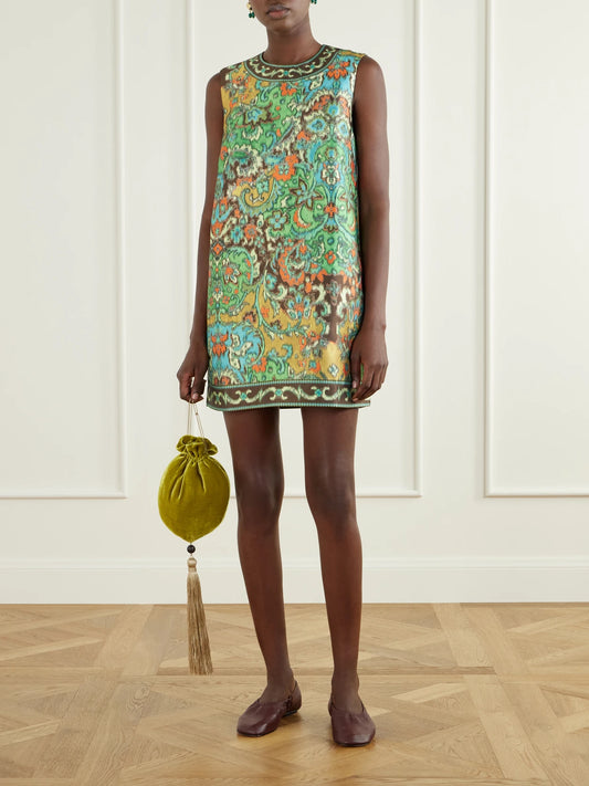 Image of Dresses. Product name - Charlotte Floral-jacquard Satin Mini Dress in Green colour by brand - ALÉMAIS