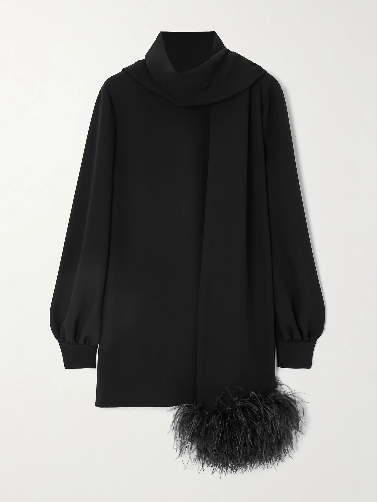 Image of a model wearing Tops. Product name - Feather-trimmed Scarf-detailed Silk Crepe De Chine Blouse in Black colour by brand - Valentino Garavani