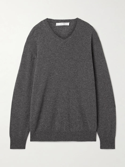 Image of a model wearing Outerwear. Product name - Ligeia Cashmere Sweater in Gray colour by brand - The Row