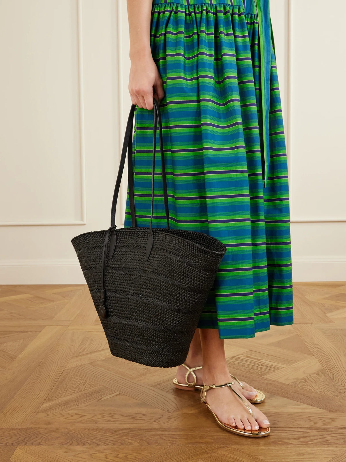 Image of Bags. Product name - Market Leather-trimmed Woven Iraca Tote in Black colour by brand - Hunting Season